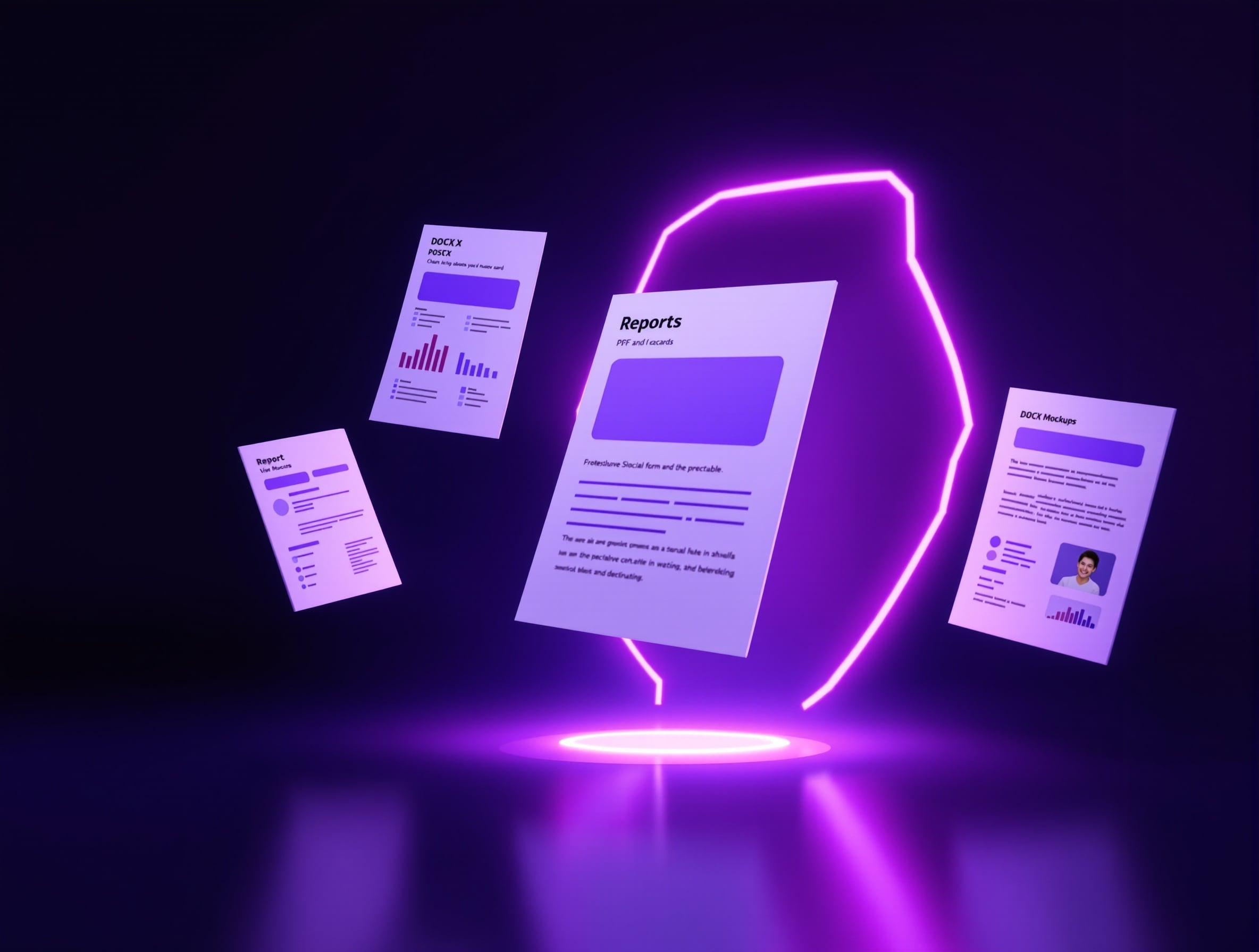 AI-generated report documents floating from a glowing portal showcasing automated document creation