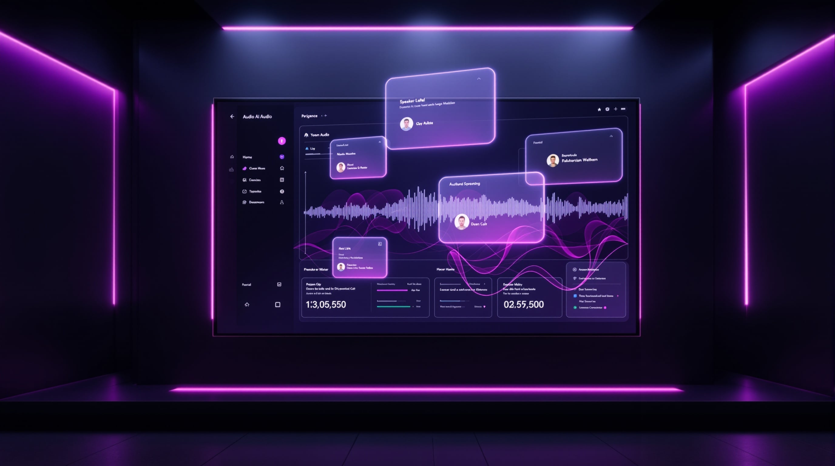 Rapporteur AI dashboard showing real-time audio analysis and meeting transcription with visual waveforms